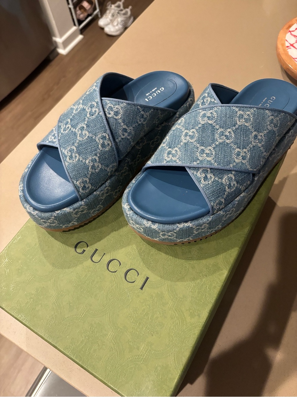 GUCCI Light Blue Denim Cross-Strap Platform Mules (with box)🩵 - Picture 5 of 8